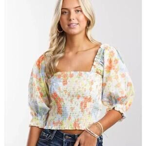 BILLABONG Feeling Groovy Crop Top M Floral Puff Sleeve Square Neck Smocked